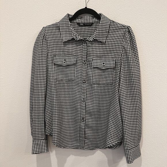 Zara Women’s Houndstooth Gray Long Sleeve Button up Shirt Size M Preppy Academia - Picture 3 of 7